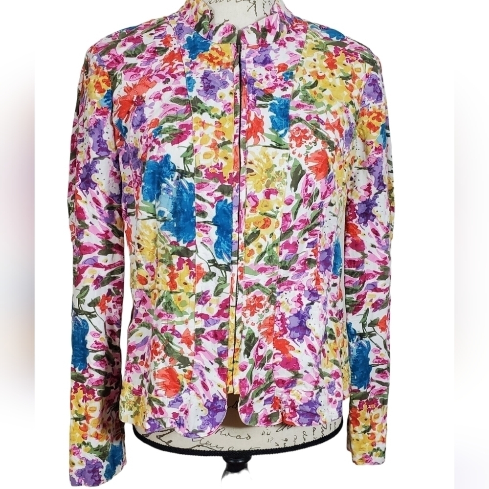 Christopher & Banks Floral Zip Jacket Lightweight Watercolor Cotton Size Medium